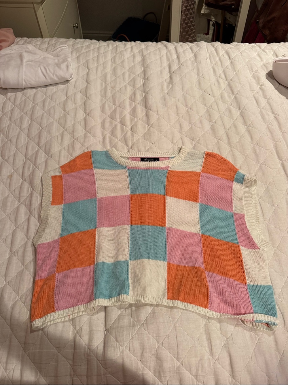 Colorblock Checker Knit Sleeveless Crop Top - Pastel Pink, Orange, Aqua, Cream